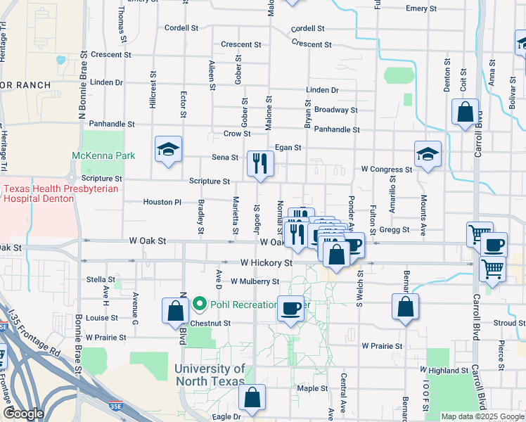 map of restaurants, bars, coffee shops, grocery stores, and more near 316 Jagoe Street in Denton