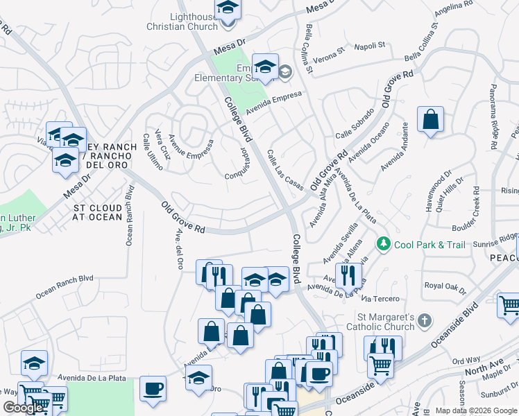 map of restaurants, bars, coffee shops, grocery stores, and more near 1257 Via Candelas in Oceanside