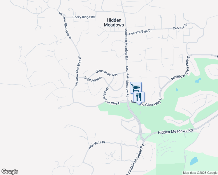 map of restaurants, bars, coffee shops, grocery stores, and more near Sage Hill Way in Hidden Meadows