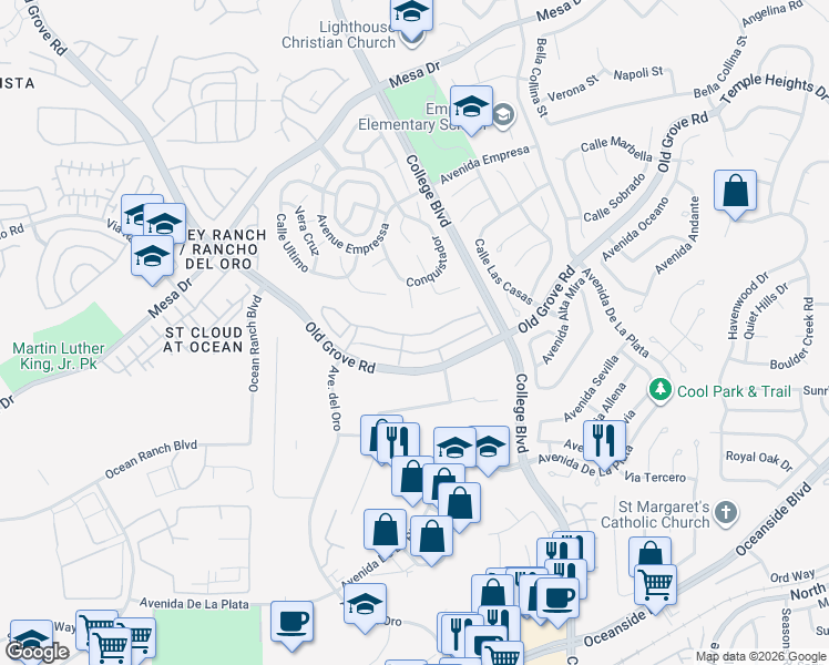 map of restaurants, bars, coffee shops, grocery stores, and more near 1234 Via Candelas in Oceanside