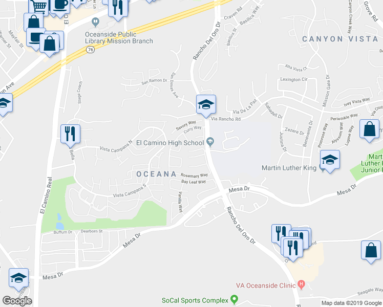 map of restaurants, bars, coffee shops, grocery stores, and more near 3809 Oregano Way in Oceanside