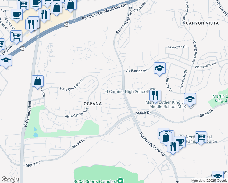 map of restaurants, bars, coffee shops, grocery stores, and more near 3809 Oregano Way in Oceanside