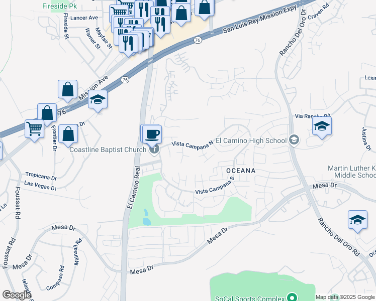 map of restaurants, bars, coffee shops, grocery stores, and more near 3685 Vista Campana North in Oceanside