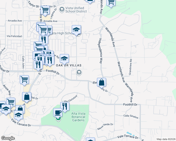 map of restaurants, bars, coffee shops, grocery stores, and more near 1345 Bonair Road in Vista