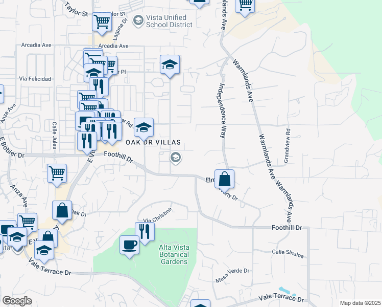 map of restaurants, bars, coffee shops, grocery stores, and more near 1349 Bonair Road in Vista