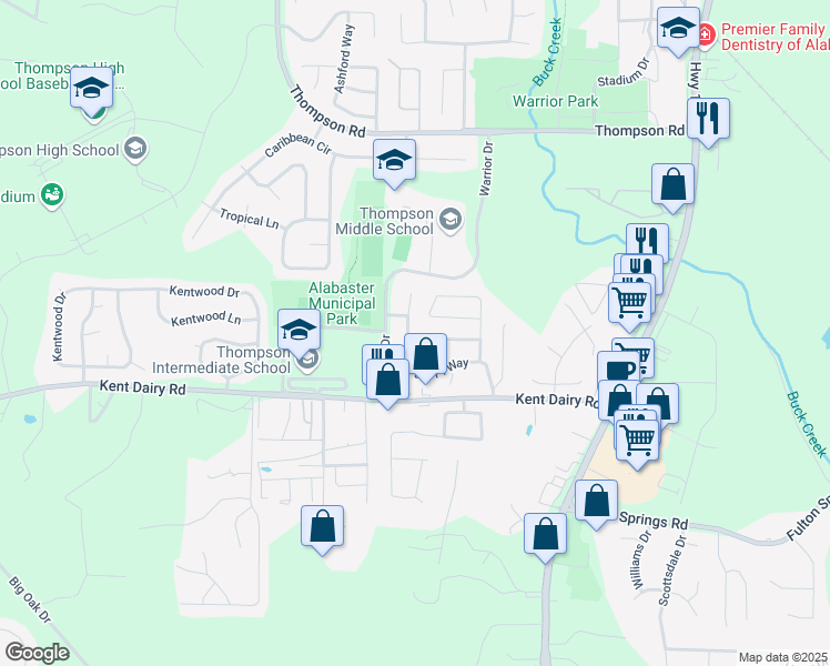 map of restaurants, bars, coffee shops, grocery stores, and more near 209 Park Place Way in Alabaster