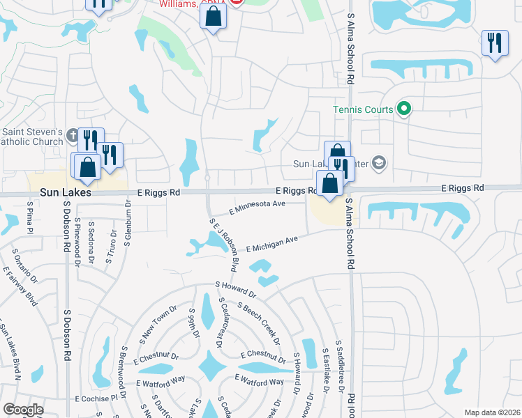 map of restaurants, bars, coffee shops, grocery stores, and more near 10131 East Minnesota Avenue in Sun Lakes