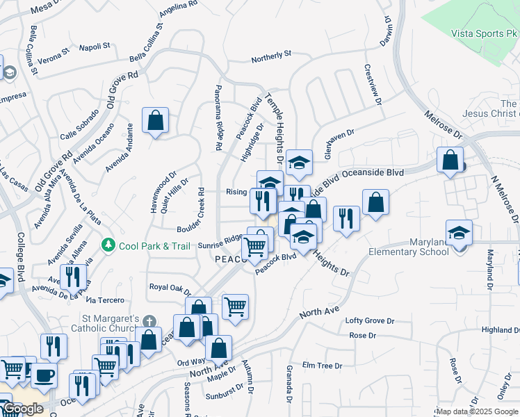 map of restaurants, bars, coffee shops, grocery stores, and more near 4760 Oceanside Boulevard in Oceanside