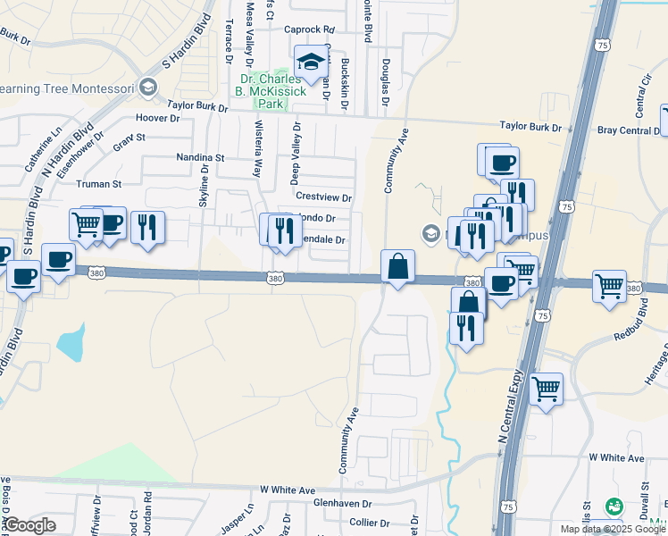 map of restaurants, bars, coffee shops, grocery stores, and more near 2105 Quail Run in McKinney