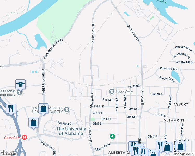 map of restaurants, bars, coffee shops, grocery stores, and more near 108 20th Northeast Avenue in Tuscaloosa