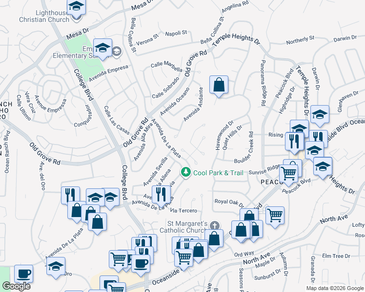 map of restaurants, bars, coffee shops, grocery stores, and more near 1723 Corte Ventana in Oceanside