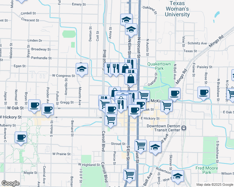 map of restaurants, bars, coffee shops, grocery stores, and more near 401 Bolivar Street in Denton
