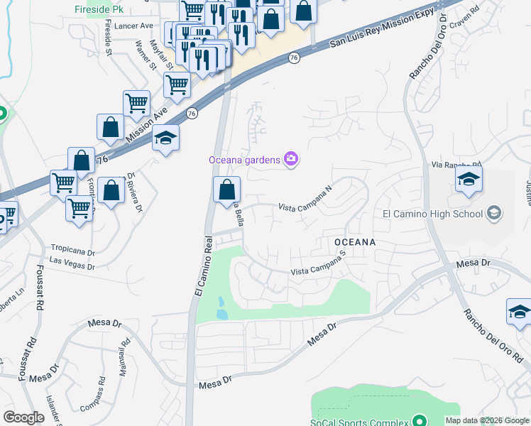map of restaurants, bars, coffee shops, grocery stores, and more near 3685 Vista Campana North in Oceanside