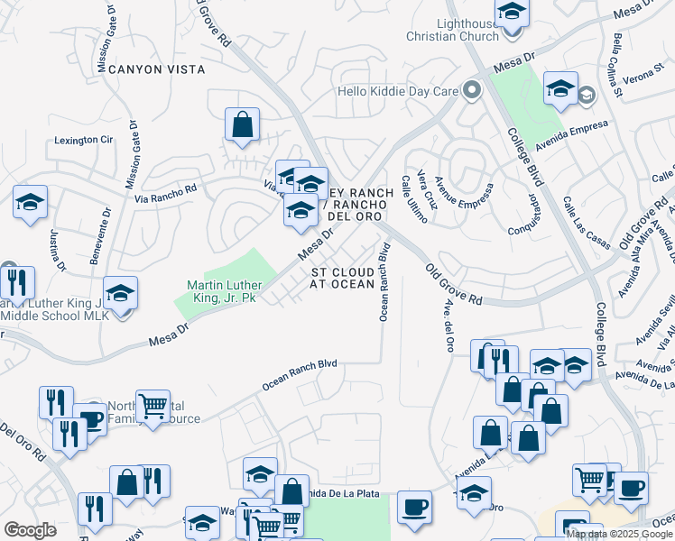 map of restaurants, bars, coffee shops, grocery stores, and more near 4345 Shoreline Way in Oceanside