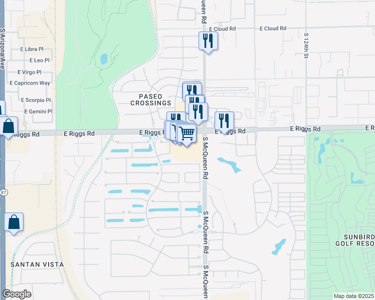 map of restaurants, bars, coffee shops, grocery stores, and more near 985 East Riggs Road in Chandler