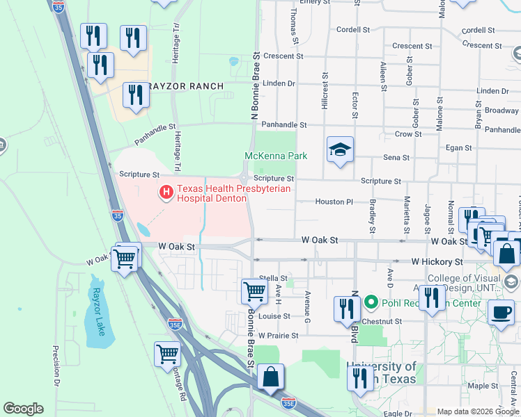 map of restaurants, bars, coffee shops, grocery stores, and more near 310 N Bonnie Brae St in Denton