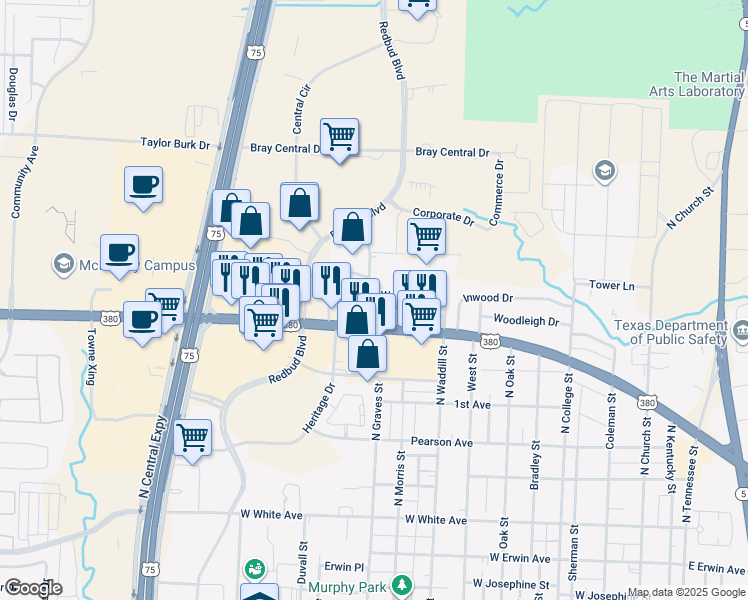 map of restaurants, bars, coffee shops, grocery stores, and more near 1511 Wysong Drive in McKinney