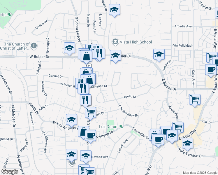 map of restaurants, bars, coffee shops, grocery stores, and more near 231 Cananea Street in Vista