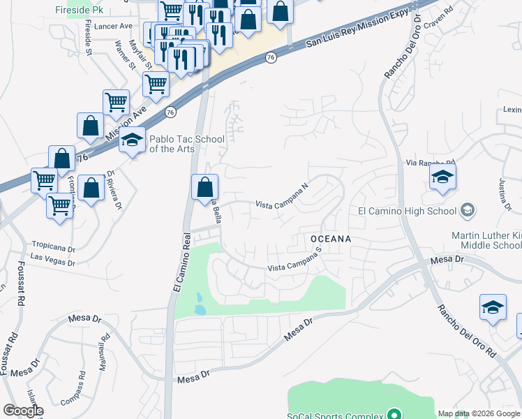 map of restaurants, bars, coffee shops, grocery stores, and more near 3747 Vista Campana North in Oceanside