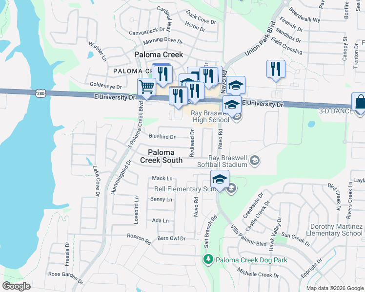 map of restaurants, bars, coffee shops, grocery stores, and more near 1729 Nighthawk Drive in Little Elm