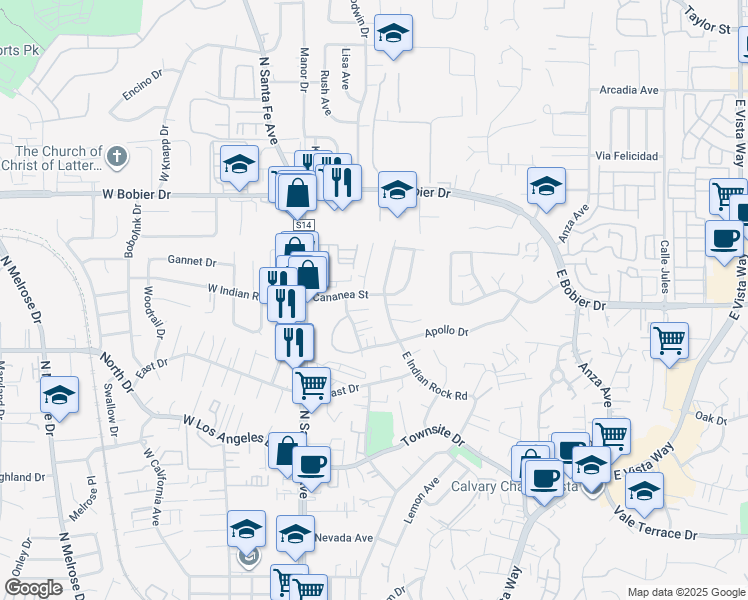 map of restaurants, bars, coffee shops, grocery stores, and more near 231 Cananea Street in Vista