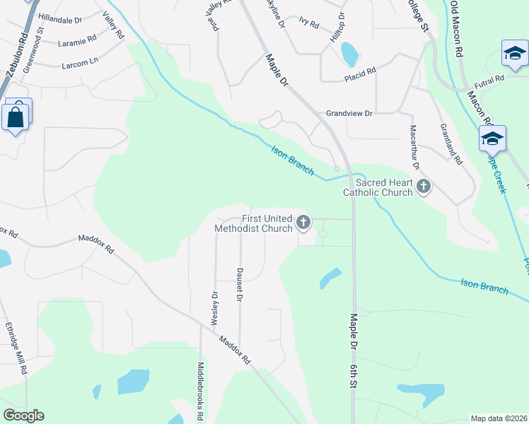 map of restaurants, bars, coffee shops, grocery stores, and more near 1435 Wesley Drive in Griffin