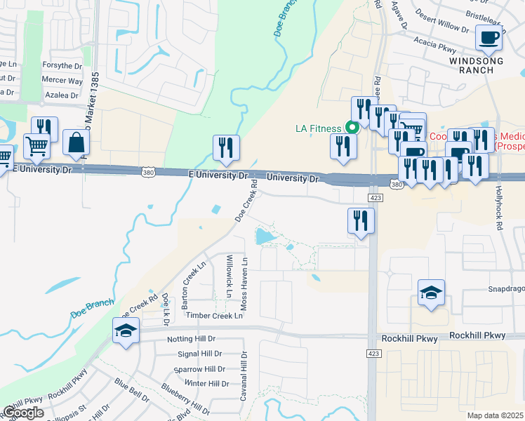 map of restaurants, bars, coffee shops, grocery stores, and more near 16720 Doe Creek Road in Frisco