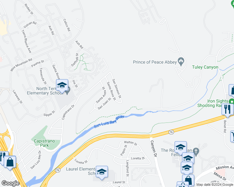 map of restaurants, bars, coffee shops, grocery stores, and more near 1411 San Simeon Street in Oceanside