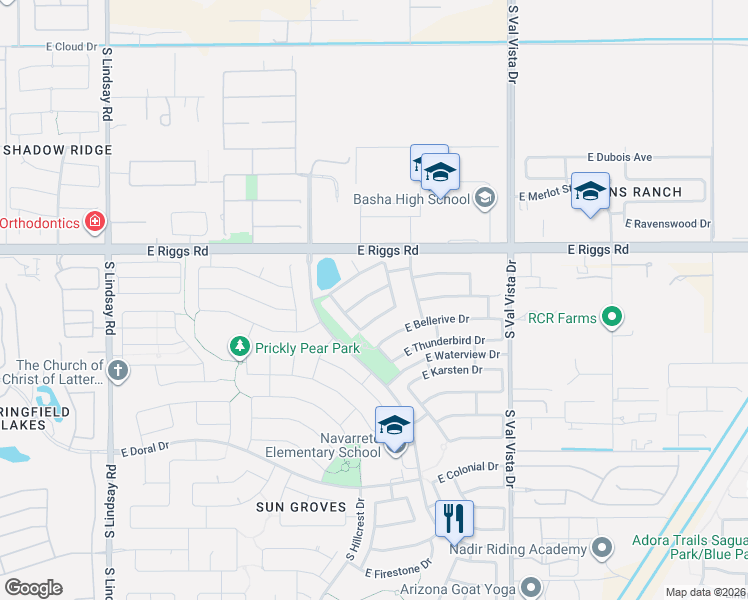 map of restaurants, bars, coffee shops, grocery stores, and more near 4650 East Torrey Pines Lane in Chandler