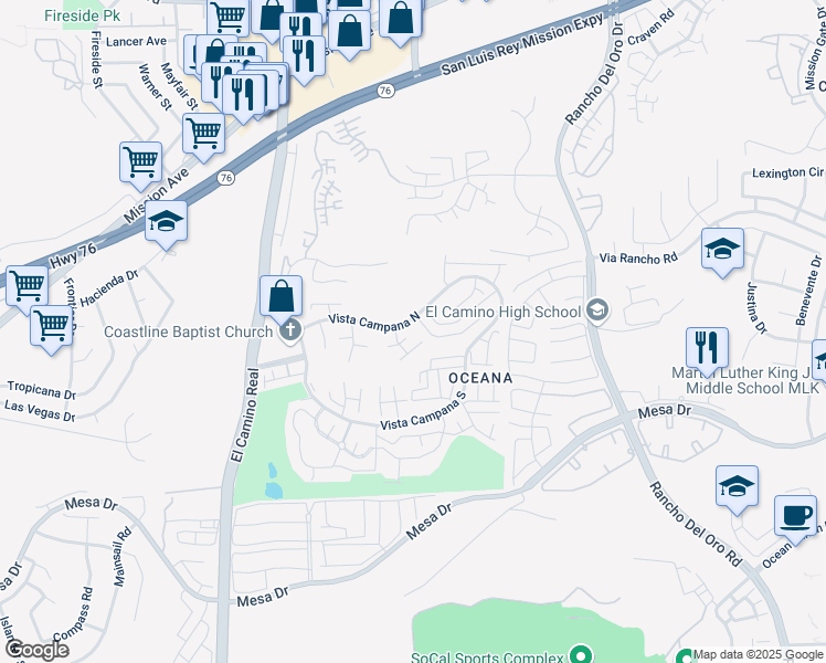map of restaurants, bars, coffee shops, grocery stores, and more near 3890 Vista Campana South in Oceanside