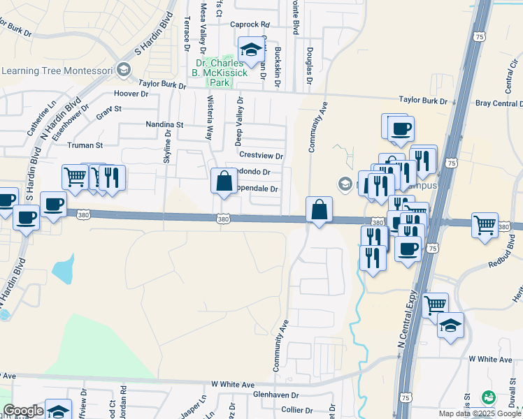 map of restaurants, bars, coffee shops, grocery stores, and more near 2105 Quail Run in McKinney