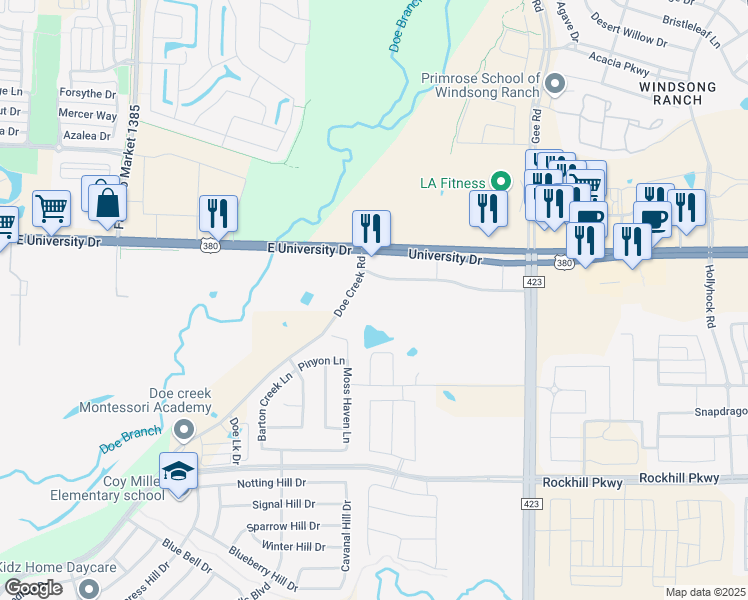 map of restaurants, bars, coffee shops, grocery stores, and more near 16570 Moss Haven Lane in Little Elm