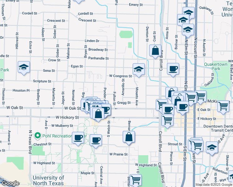 map of restaurants, bars, coffee shops, grocery stores, and more near 412 Fulton Street in Denton