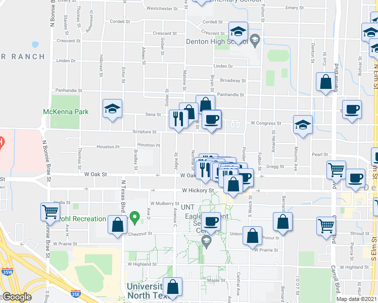 map of restaurants, bars, coffee shops, grocery stores, and more near 322 Normal Street in Denton