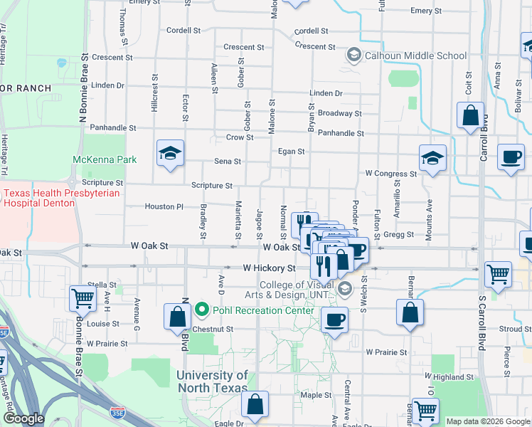 map of restaurants, bars, coffee shops, grocery stores, and more near 316 Jagoe Street in Denton