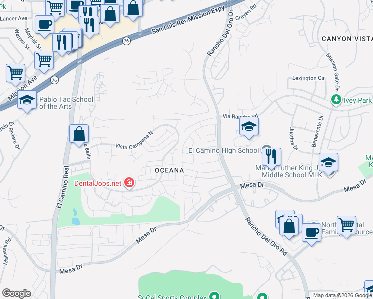 map of restaurants, bars, coffee shops, grocery stores, and more near 3707 Hickory Way in Oceanside