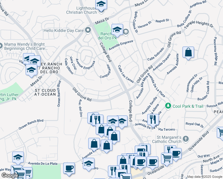 map of restaurants, bars, coffee shops, grocery stores, and more near 1255 Via Candelas in Oceanside