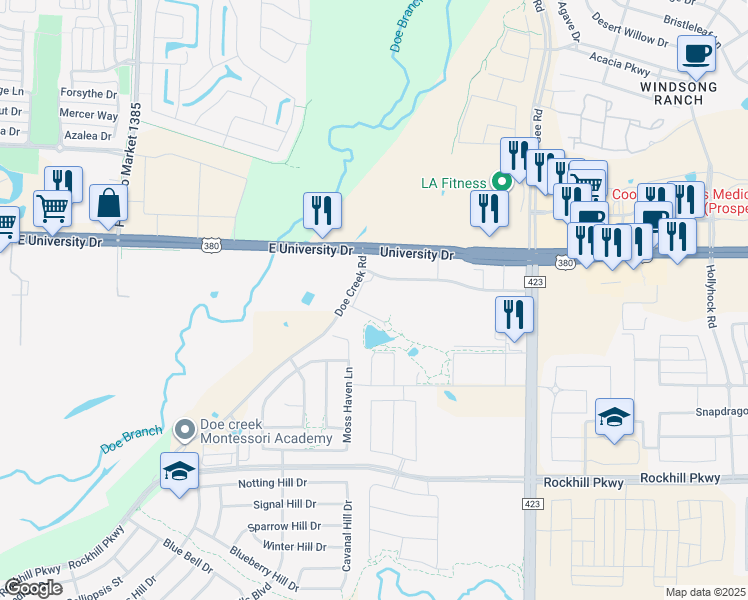 map of restaurants, bars, coffee shops, grocery stores, and more near 16720 Doe Creek Road in Frisco