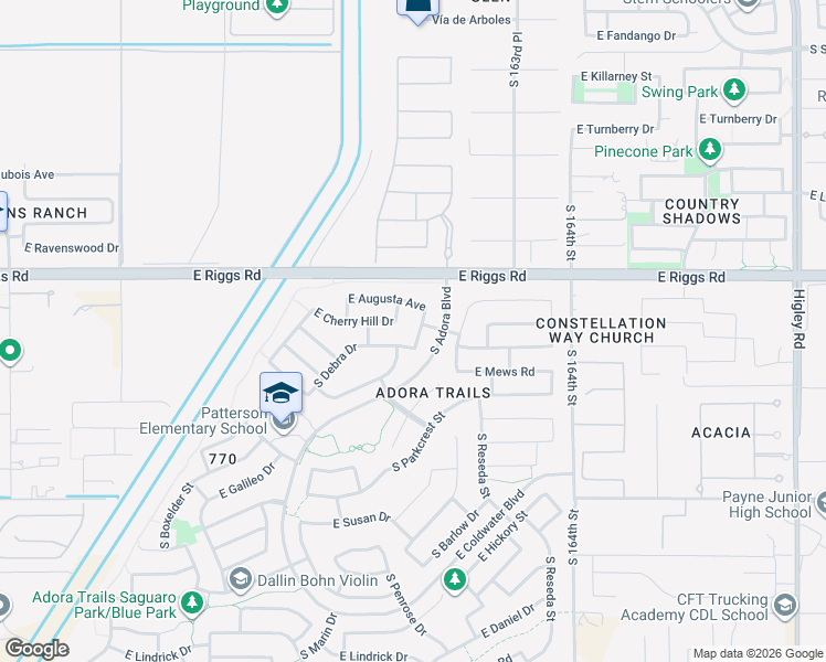 map of restaurants, bars, coffee shops, grocery stores, and more near 7303 South Lancaster Street in Gilbert