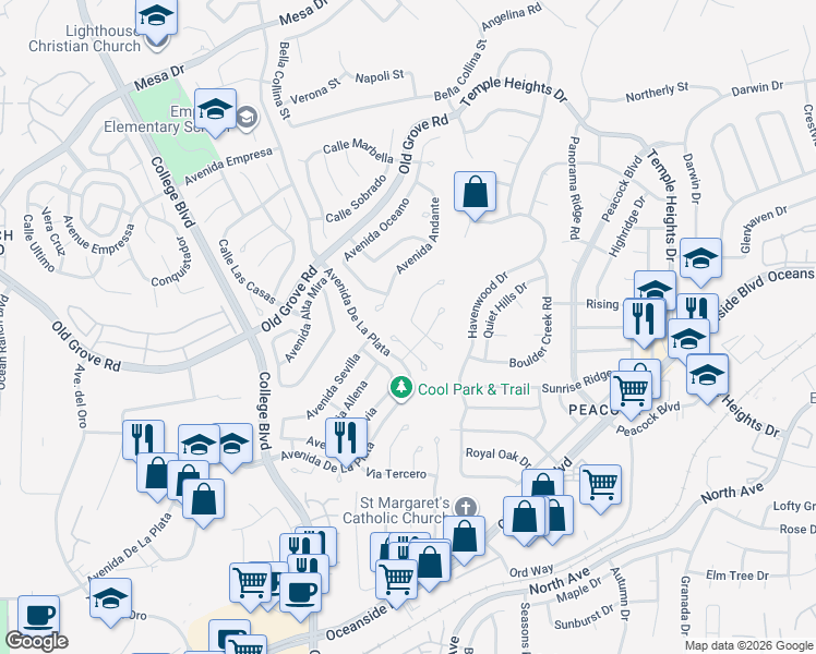 map of restaurants, bars, coffee shops, grocery stores, and more near 1723 Corte Ventana in Oceanside