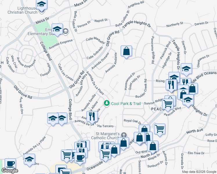 map of restaurants, bars, coffee shops, grocery stores, and more near 1751 Calle Platico in Oceanside