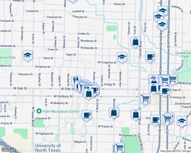 map of restaurants, bars, coffee shops, grocery stores, and more near 330 Ponder Avenue in Denton