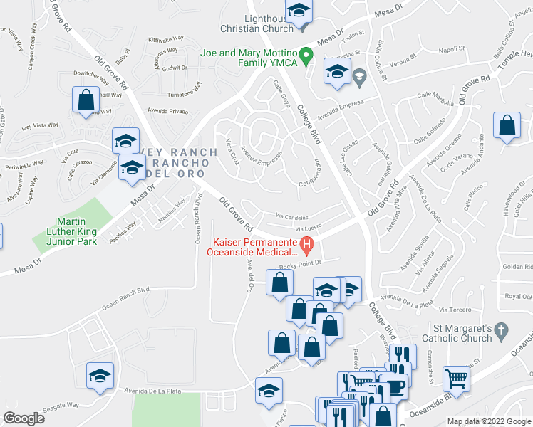 map of restaurants, bars, coffee shops, grocery stores, and more near 1210 Via Candelas in Oceanside
