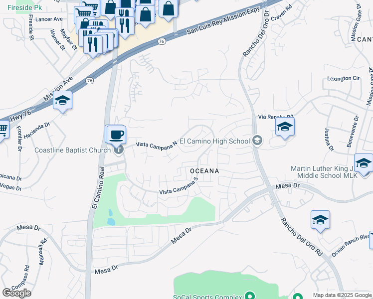 map of restaurants, bars, coffee shops, grocery stores, and more near 3890 Vista Campana South in Oceanside