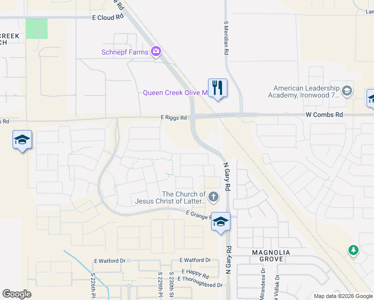 map of restaurants, bars, coffee shops, grocery stores, and more near 25802 South Meridian Road in Queen Creek