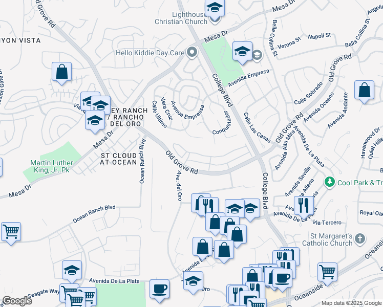 map of restaurants, bars, coffee shops, grocery stores, and more near 1210 Via Candelas in Oceanside