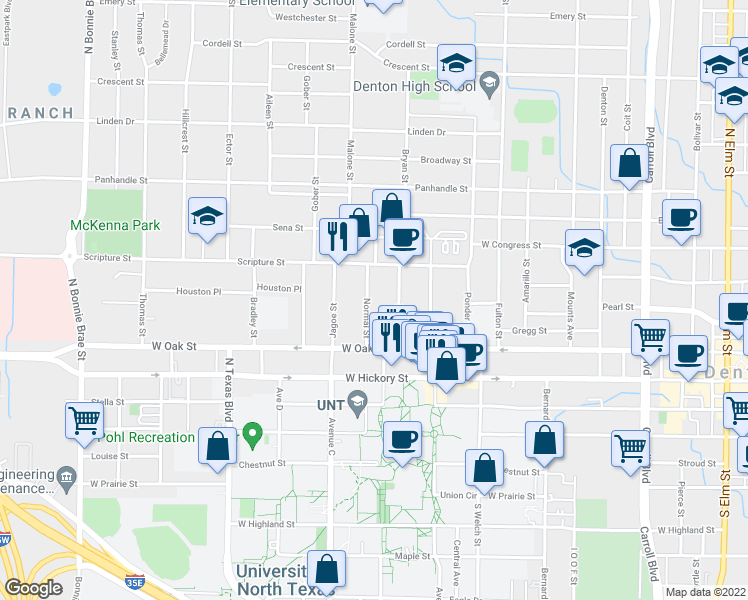 map of restaurants, bars, coffee shops, grocery stores, and more near 322 Normal Street in Denton