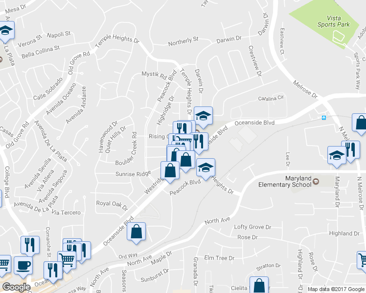 map of restaurants, bars, coffee shops, grocery stores, and more near 4760 Oceanside Boulevard in Oceanside
