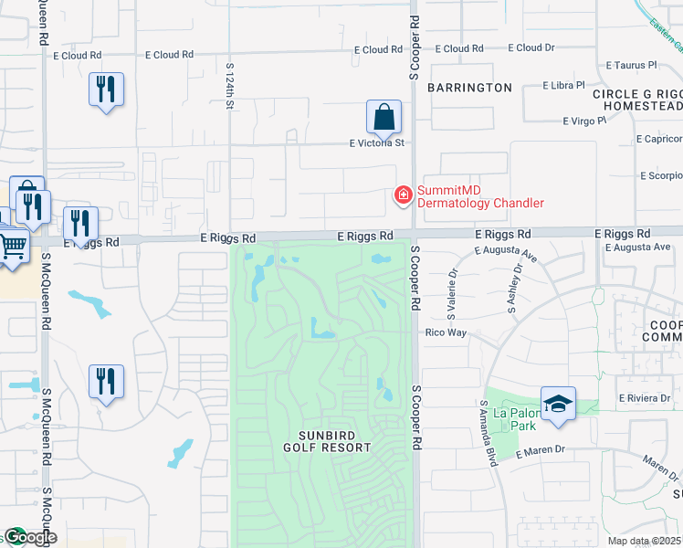map of restaurants, bars, coffee shops, grocery stores, and more near 6153 South Cypress Point Drive in Chandler