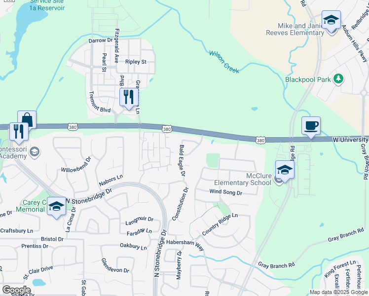map of restaurants, bars, coffee shops, grocery stores, and more near 1712 Bald Eagle Drive in McKinney